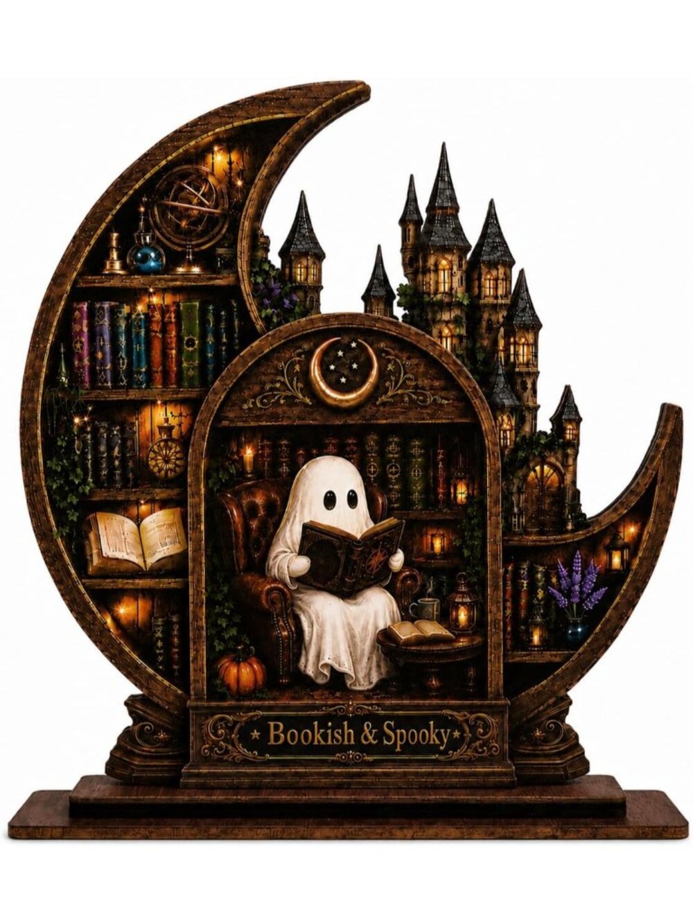 〽️Spooky Halloween Decor Castle Bookshelf Scene Reading Ghosts Wooden Gift